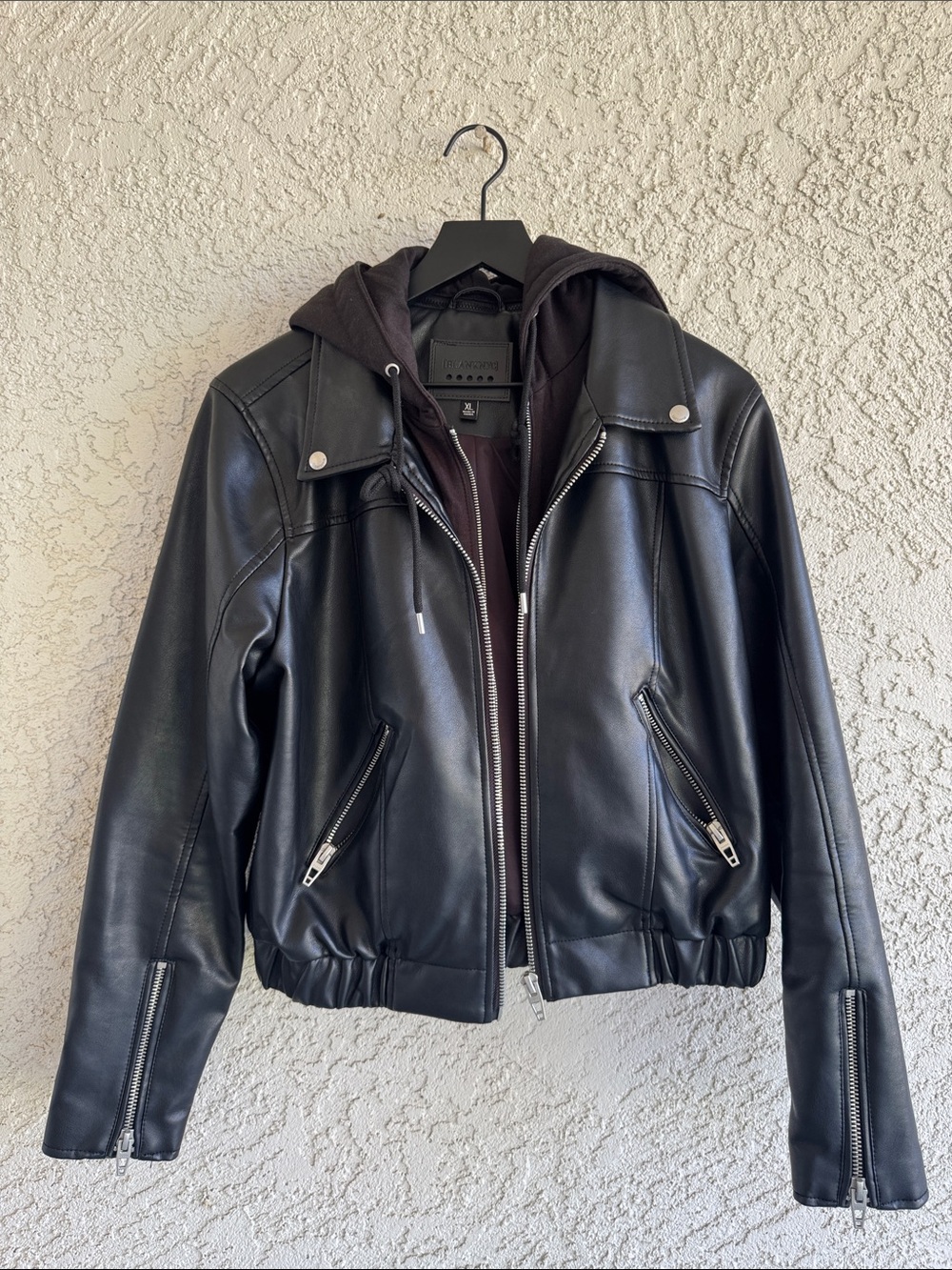 BlankNYC Vegan Faux Leather Bomber Jacket with Removable Hood Black sz XL
